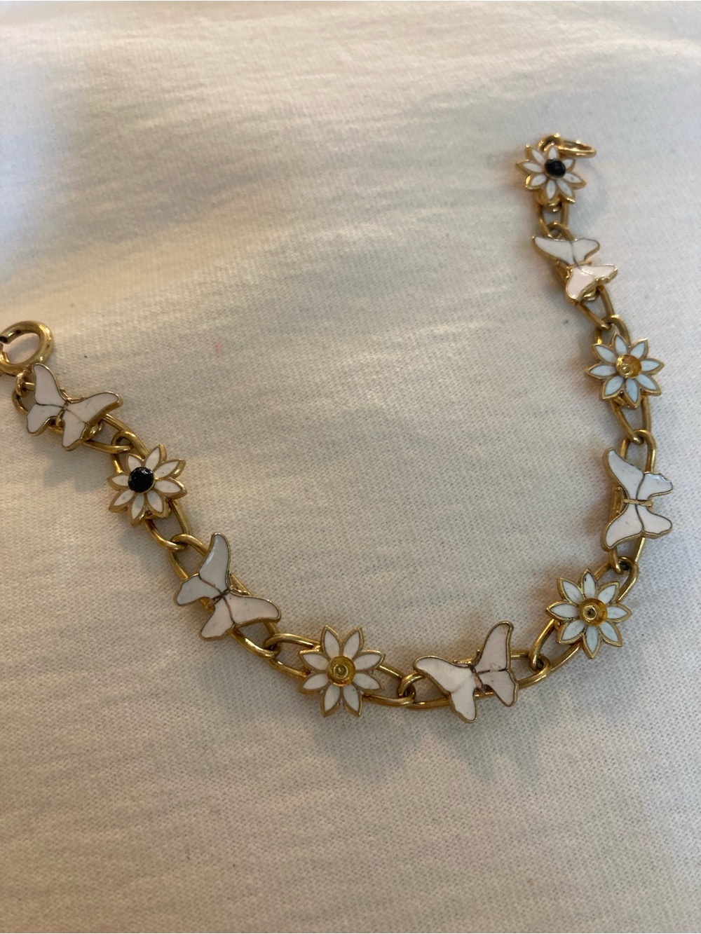 Flowers and Butterflies Off White Enameled Vintage Bracelet